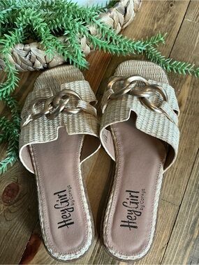 Hey Girl by Corkys Tan Woven Slide Sandals with Gold Chain Accent